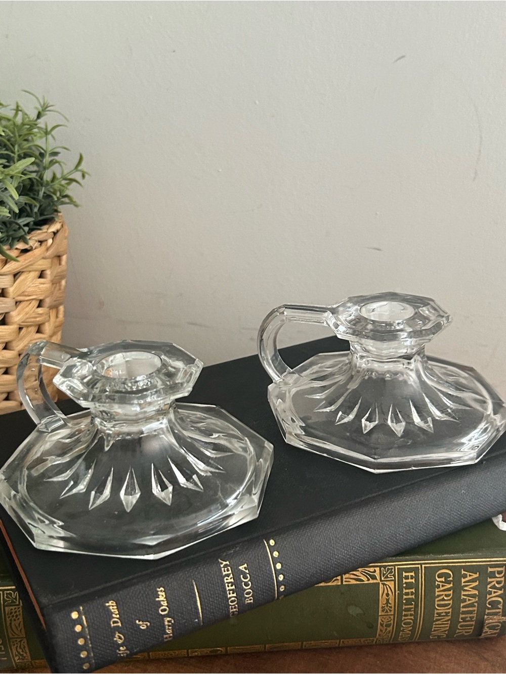 2-Clear Glass Octagon Chamber  Candle Holders with finger holder